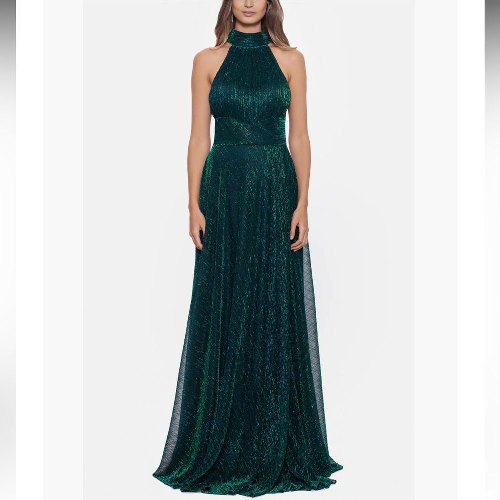 Betsy & Adam Halter Mock Neck Crinkle Faux Wrap Gown, Jade Metallic Size 6, NWOT